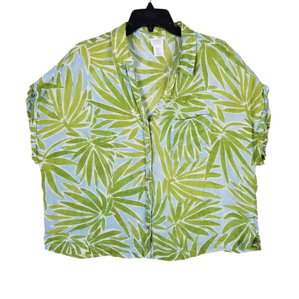 Sigrid Olsen Button Up Shirt Womens XL Green Blue Palm Leaf Print 100% Linen